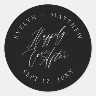 Black Round Happily Ever After Calligraphy Wedding Classic Round Sticker