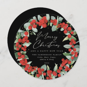 Black Round Red Berry+Eucalyptus Christmas Wreath Holiday Card