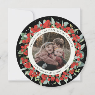 Black Round/Square Red Berries+Eucalyptus Photo Holiday Card