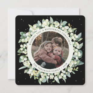 Black Round/Square Snowberry+Eucalyptus Photo Holiday Card