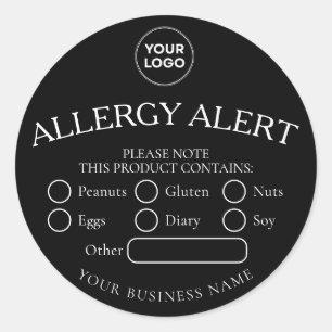 Black Round White Black Food Allergy Alert Sticker