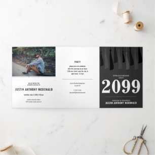 Black Row of Tassels 3-Photo Graduation Tri-Fold Invitation
