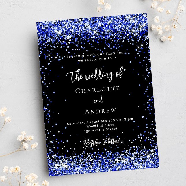 Black royal blue confetti luxury wedding invitation (Creator Uploaded)