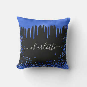 Black royal blue glitter drips name script cushion