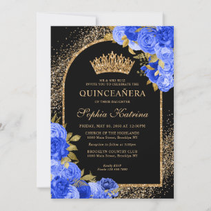 Black Royal Blue Gold Glitter Floral Quinceanera Invitation