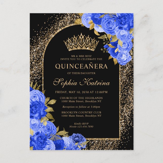 Black Royal Blue Gold Glitter Floral Quinceanera Invitation Postcard (Front)