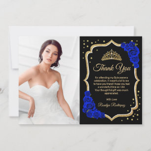 Black Royal Blue Gold Quinceanera Photo Thank You Card