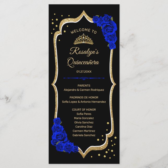 Black Royal Blue Gold Quinceanera Program (Front)