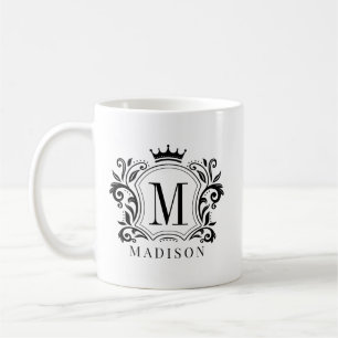 Black Royal Crest Crown Scrolls Monogram Coffee Mug