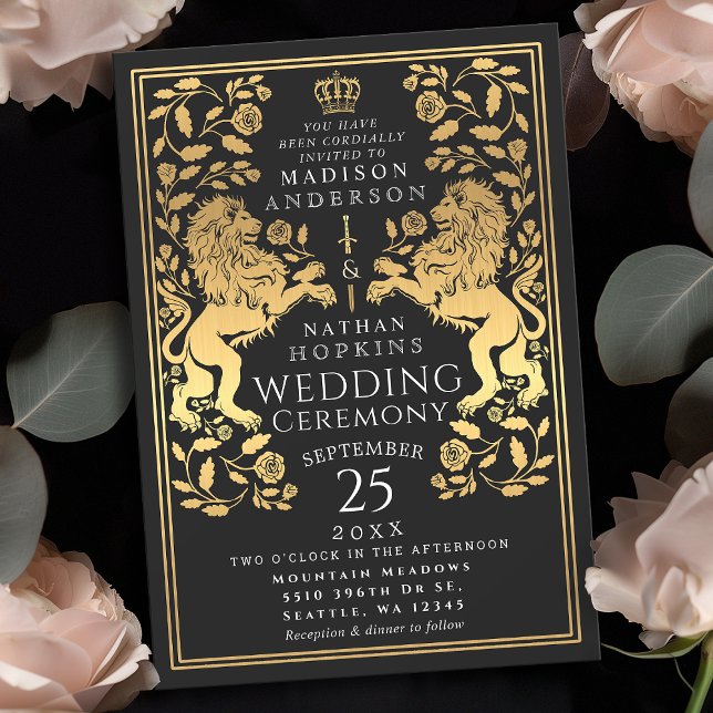 Black Royal Lion Mediaeval Gold Wedding Invitation (Creator Uploaded)