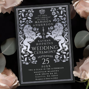 Black Royal Lion Mediaeval Silver Wedding Invitation