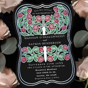 Black Royal Mediaeval Floral Silver Sword Wedding Invitation