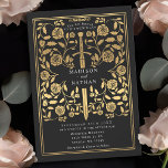 Black Royal Mediaeval Gold Sword Wedding Invitatio Invitation<br><div class="desc">Set the tone for your mediaeval fantasy wedding with a bold invitation design—a grand gold sword surrounded by florals against a black background. Perfect for couples dreaming of an epic, romantic celebration. Make your love story legendary from the very first glance! NOTE: the gold featured in this design is NOT...</div>