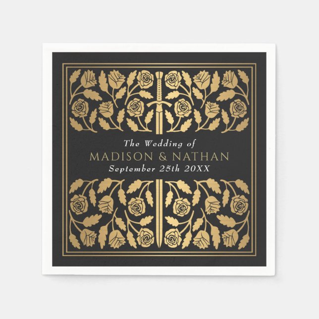 Black Royal Mediaeval Gold Sword Wedding Napkin (Front)