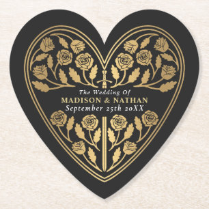 Black Royal Mediaeval Gold Sword Wedding Paper Coaster