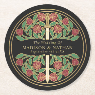 Black Royal Mediaeval Gold Sword Wedding Round Paper Coaster