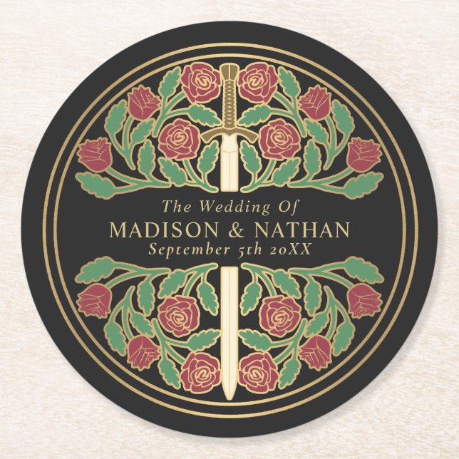 Black Royal Mediaeval Gold Sword Wedding Round Paper Coaster (Front)
