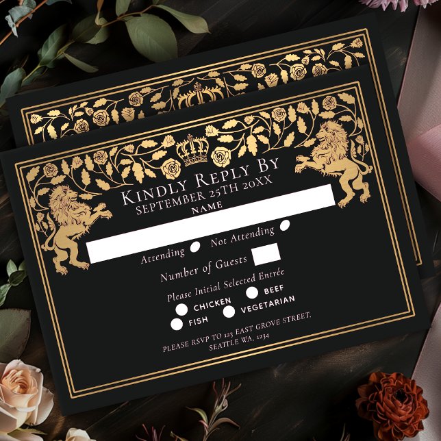 Black Royal Mediaeval Lion Wedding RSVP Card (Creator Uploaded)