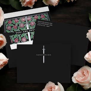 Black Royal Mediaeval Silver Floral Sword Wedding Envelope