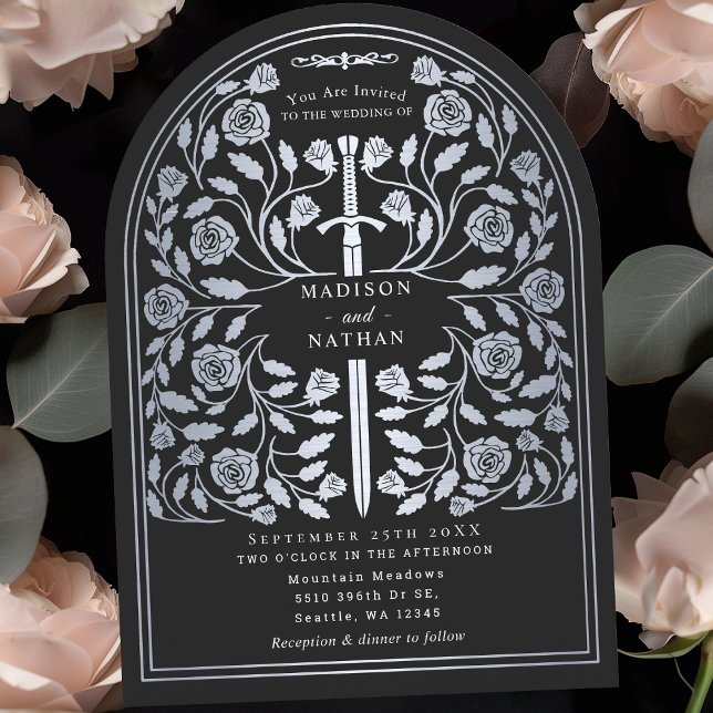 Black Royal Mediaeval Silver Sword Wedding Arch Invitation (Creator Uploaded)