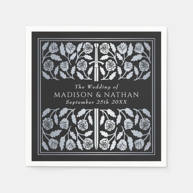 Black Royal Mediaeval Silver Sword Wedding Napkin (Front)