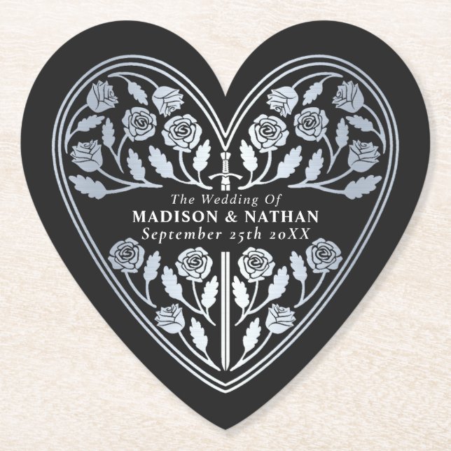 Black Royal Mediaeval Silver Sword Wedding Paper Coaster (Front)