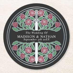 Black Royal Mediaeval Silver Sword Wedding Round Paper Coaster