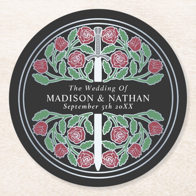 Black Royal Mediaeval Silver Sword Wedding Round Paper Coaster (Front)