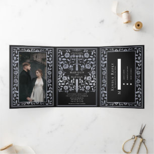 Black Royal Mediaeval Silver Sword Wedding  Tri-Fold Invitation