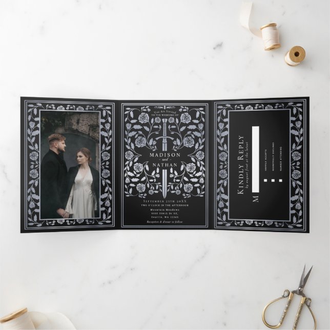 Black Royal Mediaeval Silver Sword Wedding  Tri-Fold Invitation (Inside)