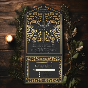 Black Royal Mediaeval Sword Wedding  All In One Invitation