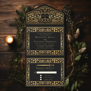 Black Royal Mediaeval Sword Wedding  All In One Invitation