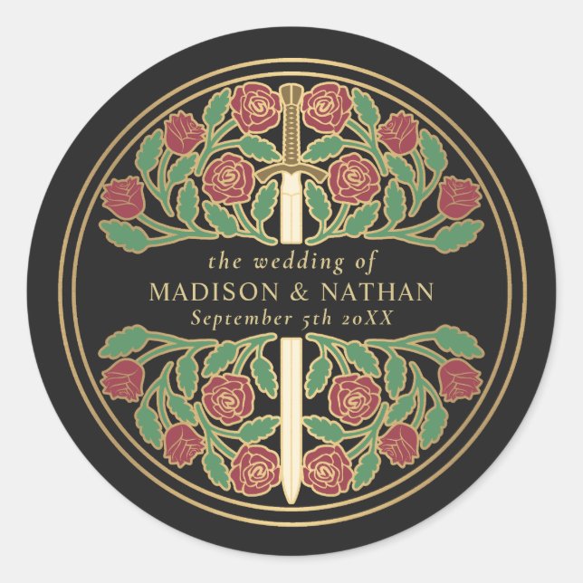 Black Royal Mediaeval Sword Wedding  Classic Round Sticker (Front)