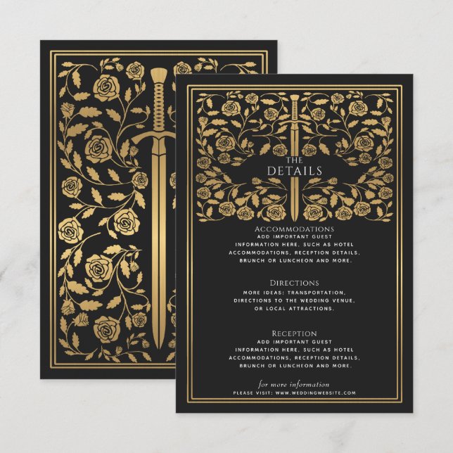 Black Royal Mediaeval Sword Wedding Details  Enclosure Card (Front/Back)