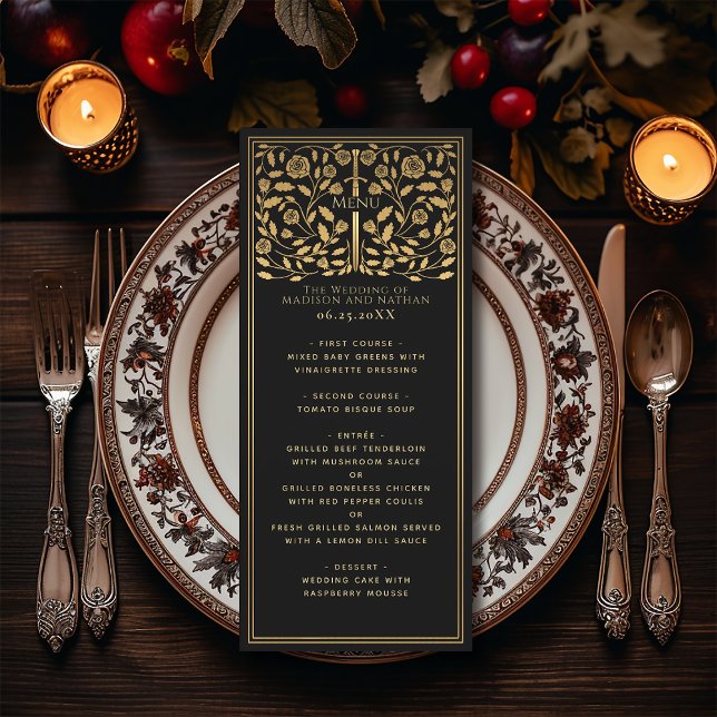 Black Royal Mediaeval Sword Wedding Flat Menu (Creator Uploaded)
