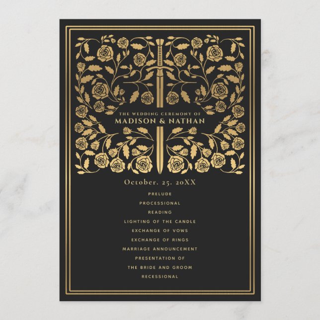 Black Royal Mediaeval Sword Wedding Program (Front)