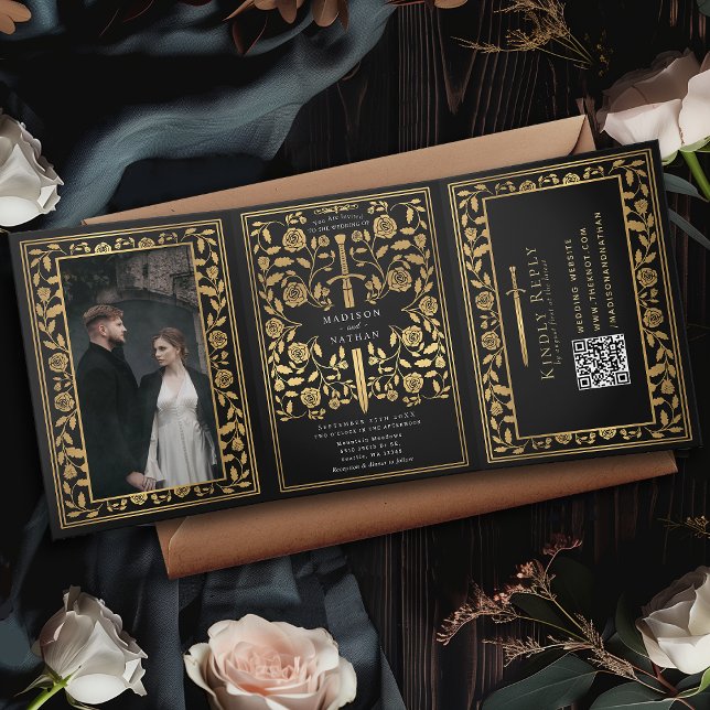 Black Royal Mediaeval Sword Wedding QR Code Tri-Fold Invitation (Creator Uploaded)