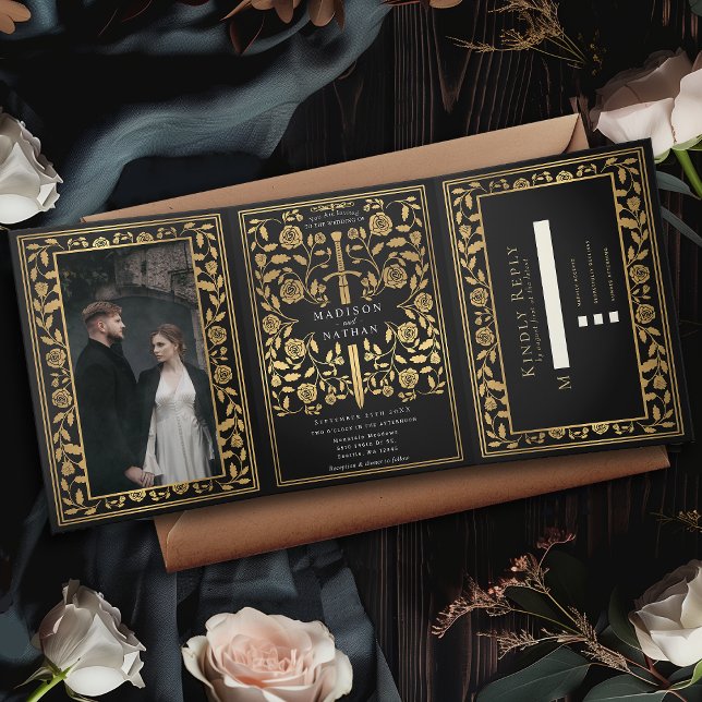 Black Royal Mediaeval Sword Wedding Tri-Fold Invitation (Creator Uploaded)