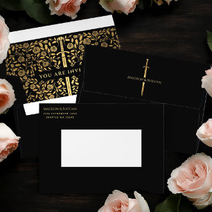 Black Royal Medieval Gold Sword Wedding Envelope