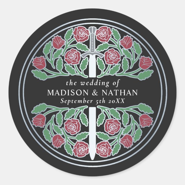 Black Royal Medieval Silver Sword Wedding  Classic Round Sticker (Front)