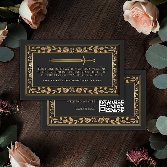 Black Royal Sword Wedding Website RSVP QR Code  Enclosure Card (Creator Uploaded)