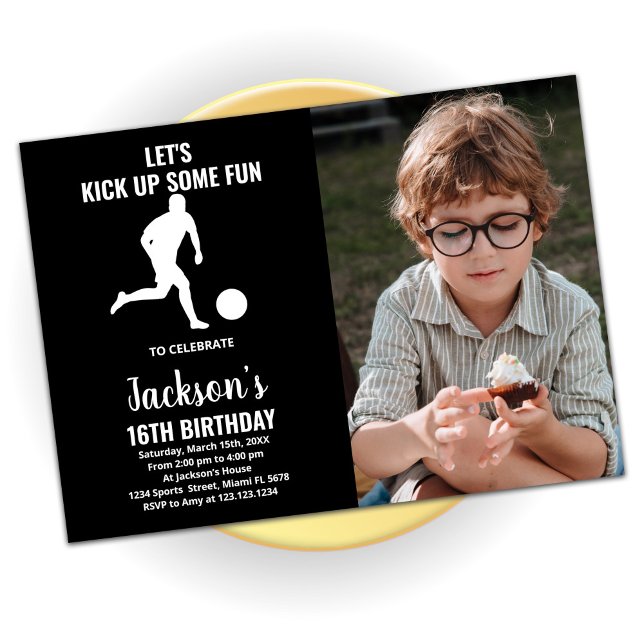 Black Running Soccer Birthday Invitations w photo (Creator Uploaded)