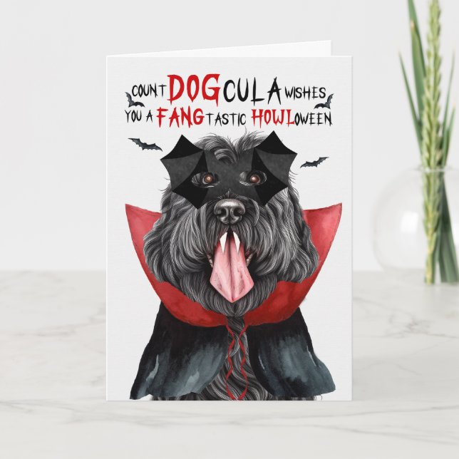 Black Russian Dog Funny Count DOGcula Halloween Holiday Card (Front)
