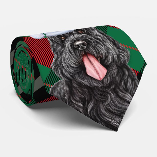 Black Russian Terrier Dog Green Plaid Christmas Tie (Rolled)