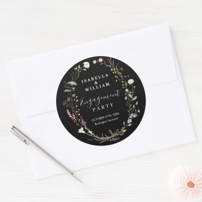 Black Rustic Boho Wildflower Engagement Party Classic Round Sticker (Envelope)