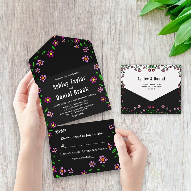 Black Rustic Colourful Roses Boho Floral Wedding All In One Invitation (Creator Uploaded)