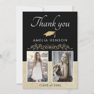 Black Rustic Elegant Ornament 2 Photo Graduation Thank You Card