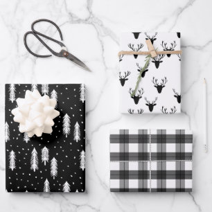 Black Rustic Holiday Patterns Woods Trees Plaid Wrapping Paper Sheet