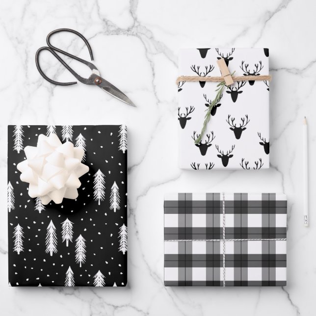 Black Rustic Holiday Patterns Woods Trees Plaid Wrapping Paper Sheet (Front)