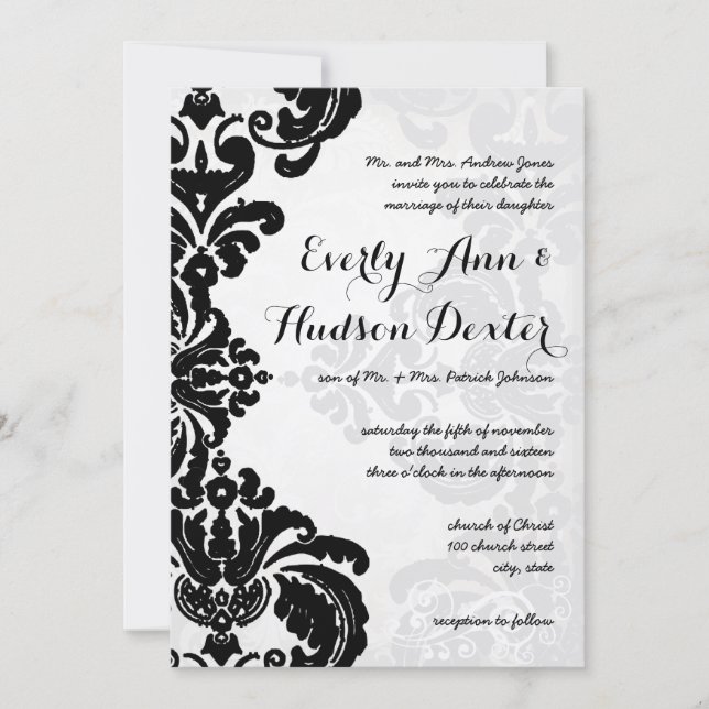 Black Rustic Luxe Vintage Damask Wedding Invitation (Front)